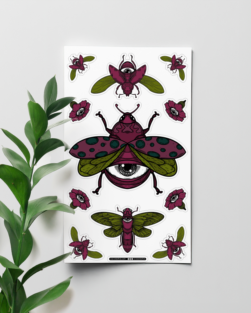Eye-Blooms & Beetles 4"x7" Sticker Sheet