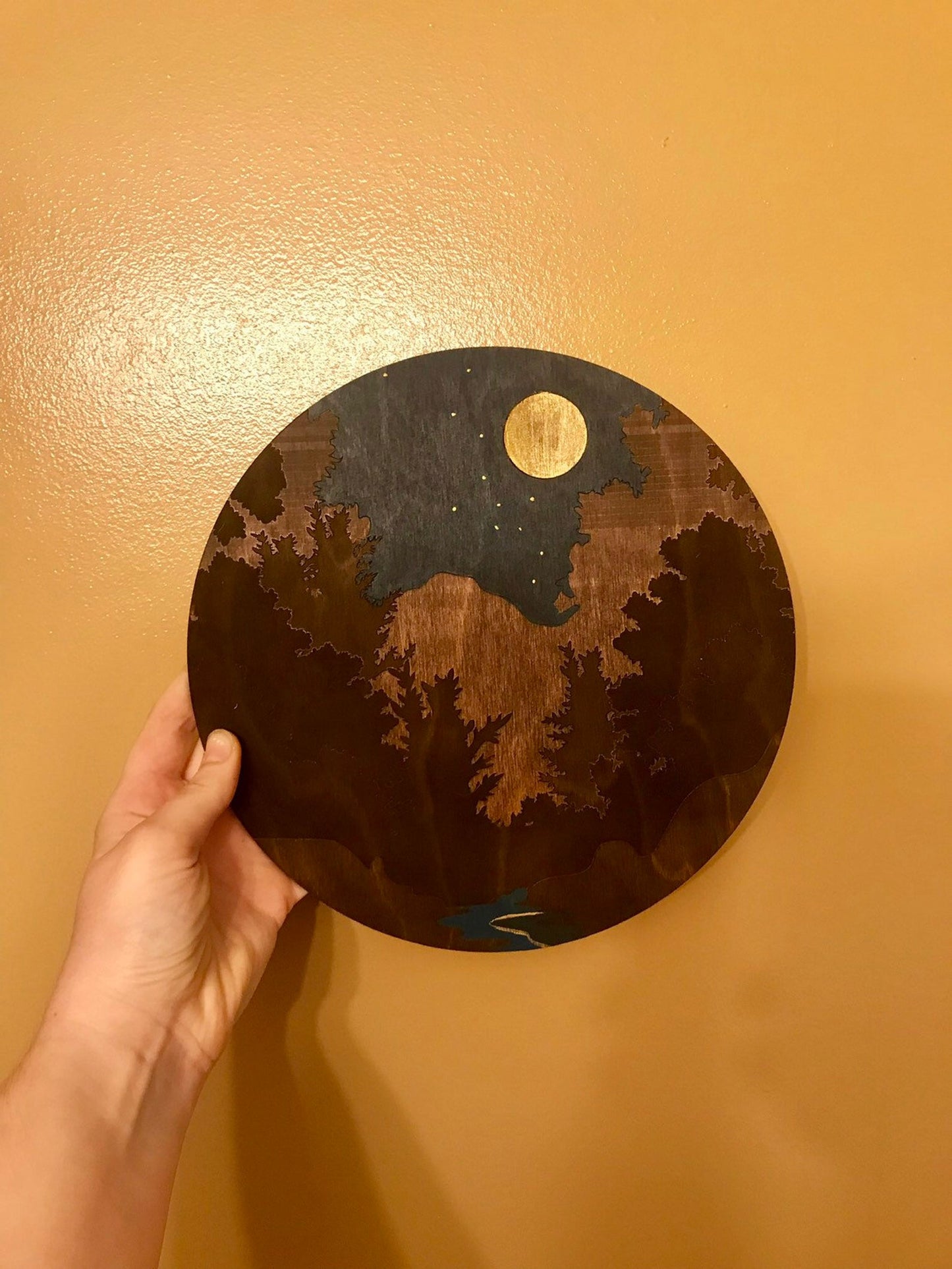 Night Sky with Golden Moon Over Forest Wall Art