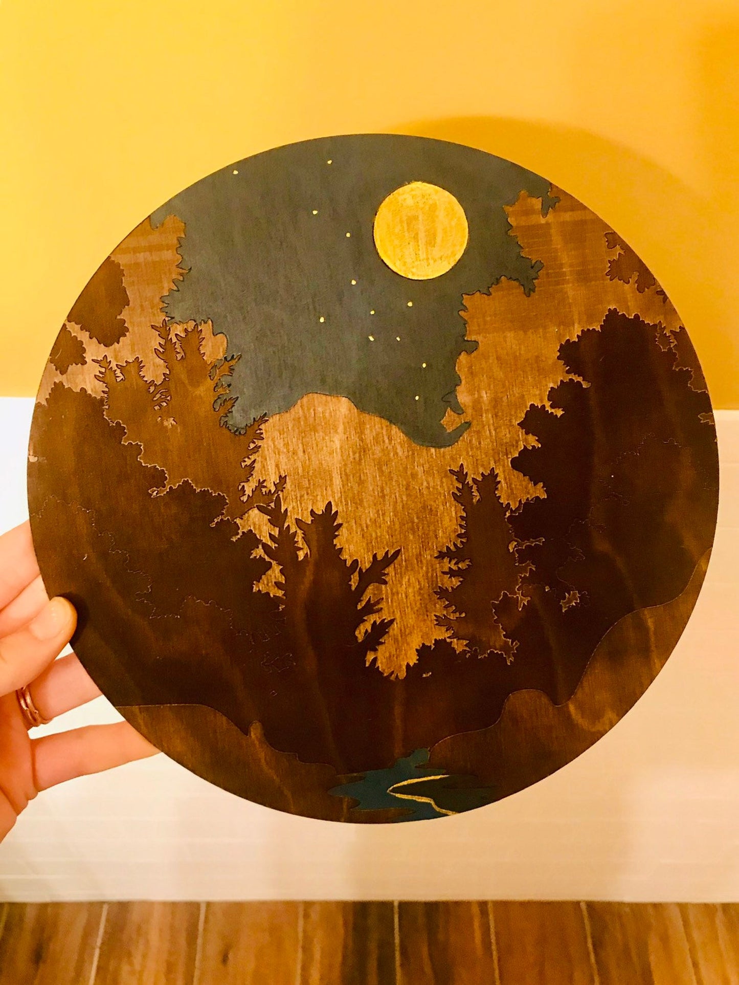 Night Sky with Golden Moon Over Forest Wall Art